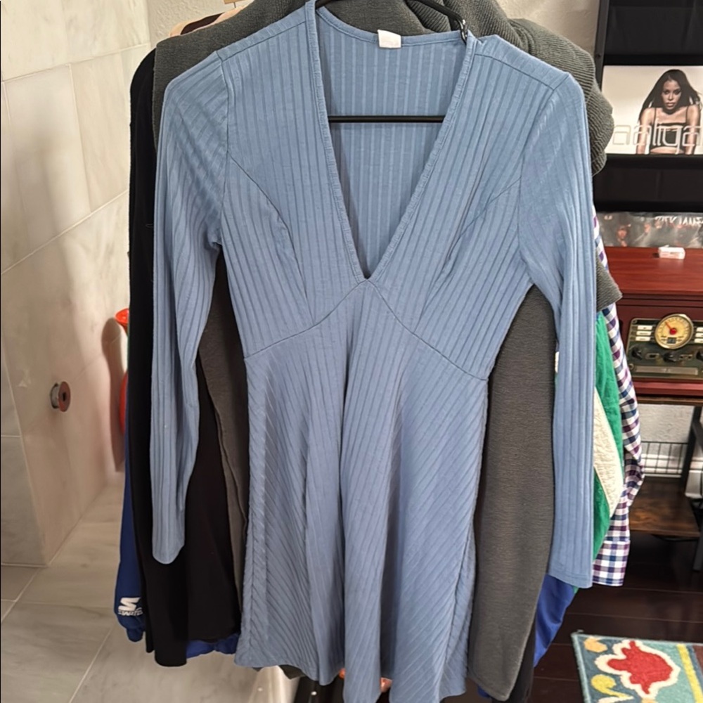 Blue Long Sleeve Ribbed Dress